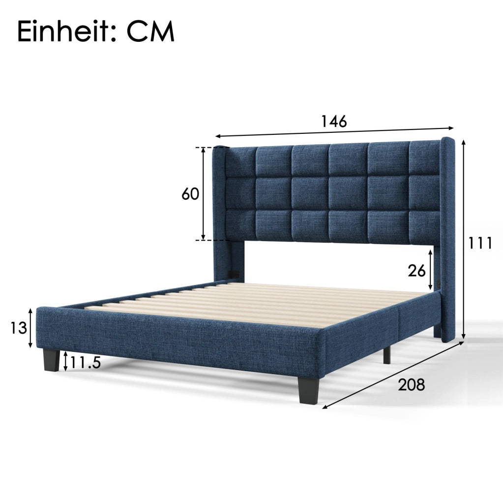 Letto matrimoniale imbottito 140x200 cm con rete a doghe e testiera alta; rivestimento in lino blu