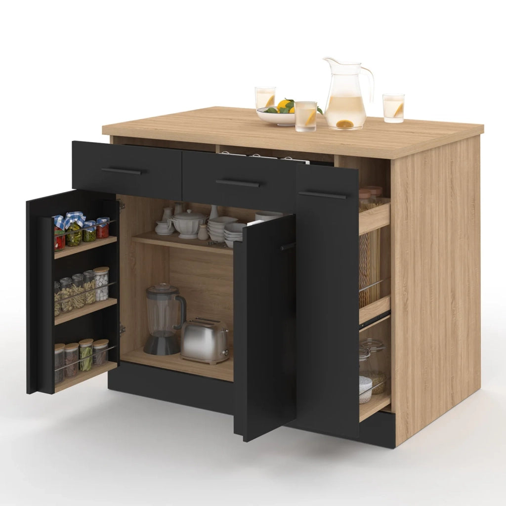 IDMarket - Isola centrale ALTO con ante, contenitori, cassetti, cassettoni e piano di lavoro in faggio ed effetto nero