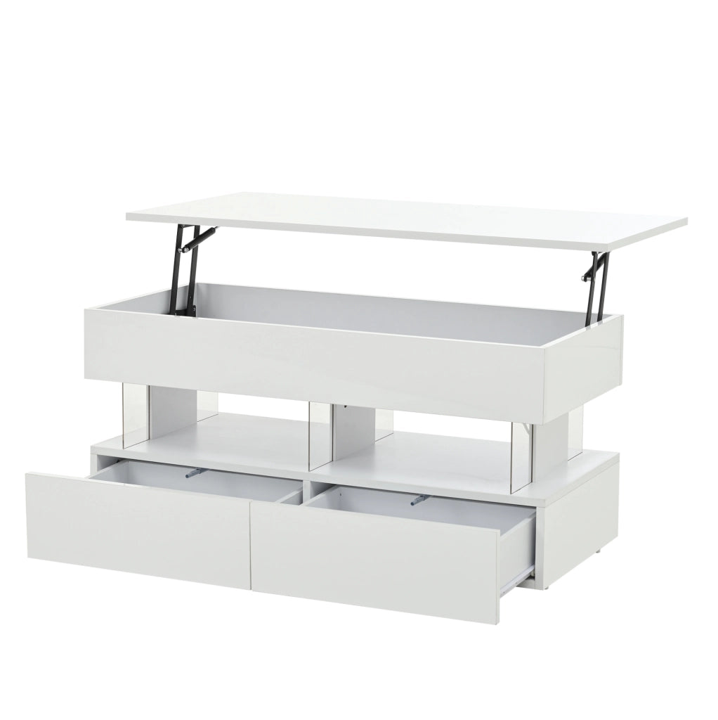 Tavolino da salotto sollevabile 100 x 50 x 46 cm bianco in MDF con LED e 2 cassetti