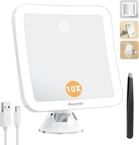 Specchio di trucco illuminato - ingrandimento 10x - caricabile - specchio quadrato