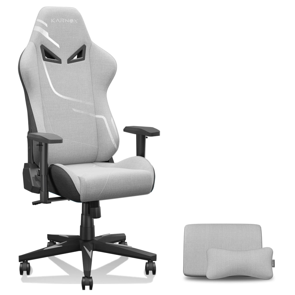 Sedia gaming ergonomica in tessuto grigio chiaro con poggiatesta, supporto lombare e schienale reclinabile