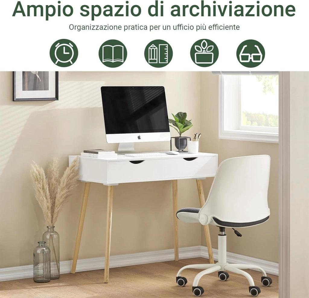 Scrivania con 2 cassetti, Gambe in Legno di Pino, Scrivania Ufficio Compatta, Tavolo da Lavoro per Studio Cameretta e Camera da Letto, L90*P45*A77cm, FWT40-WN