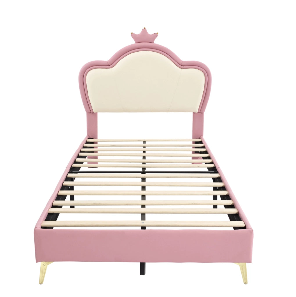 Letto per bambini imbottito 90x200 cm con testiera a corona; similpelle rosa e bianco