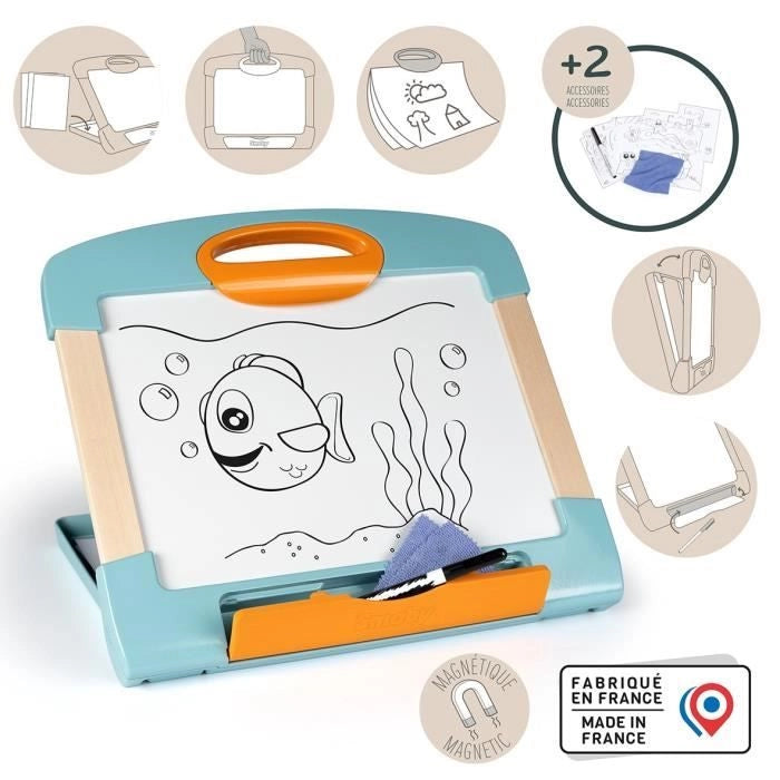 Smoby - Lavagnetta portatile - 3 usi diversi - Incluso: 1 pennarello cancellabile, 4 pagine da colorare e 1 panno - Prodotto in Francia