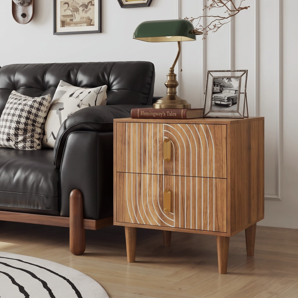 Comodino boho con 2 cassetti; inserti geometrici e gambe in legno; marrone noce