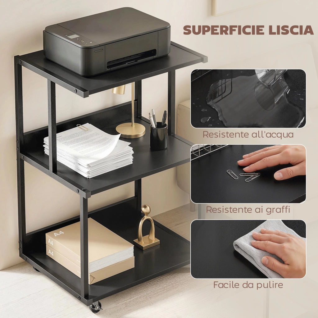 Mobile Supporto Stampante 3 livelli 50x40x75 cm con Ruote e Ripiani in Metallo Nero