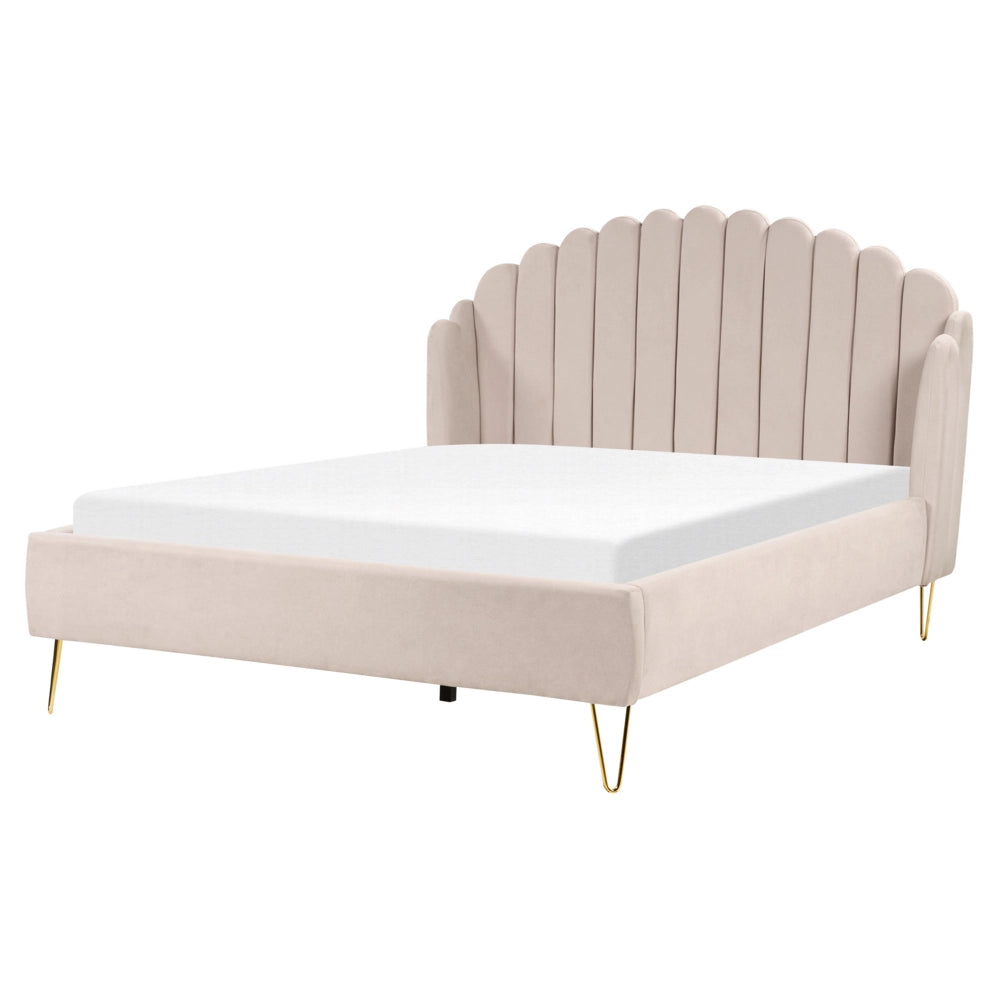 Letto con rete in tessuto poliestere beige chiaro 160 x 200 cm gambe in metallo testata retro capitonné