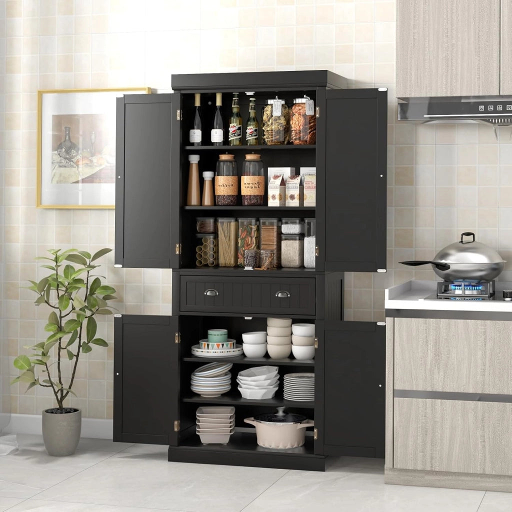 Credenza Alta da Cucina 183,5 cm, Armadio Alto a Buffet in Legno, Mobile Cucina Dispensa con Ripiani Regolabili e Cassetto, per Soggiorno, Sala da Pranzo, 76 x 40 x 183 cm (Nero)