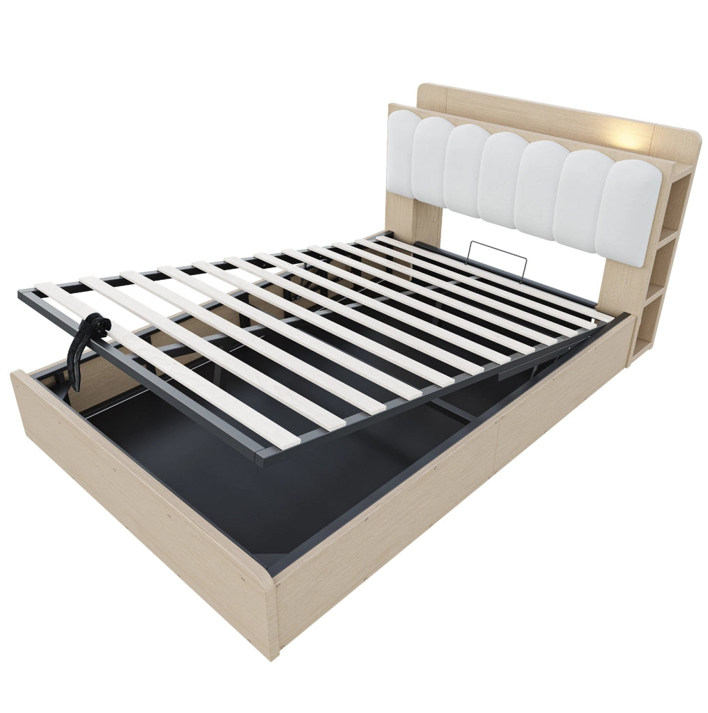 Letto matrimoniale 140x200 cm in legno con contenitore idraulico; testiera imbottita beige e USB; colore legno naturale
