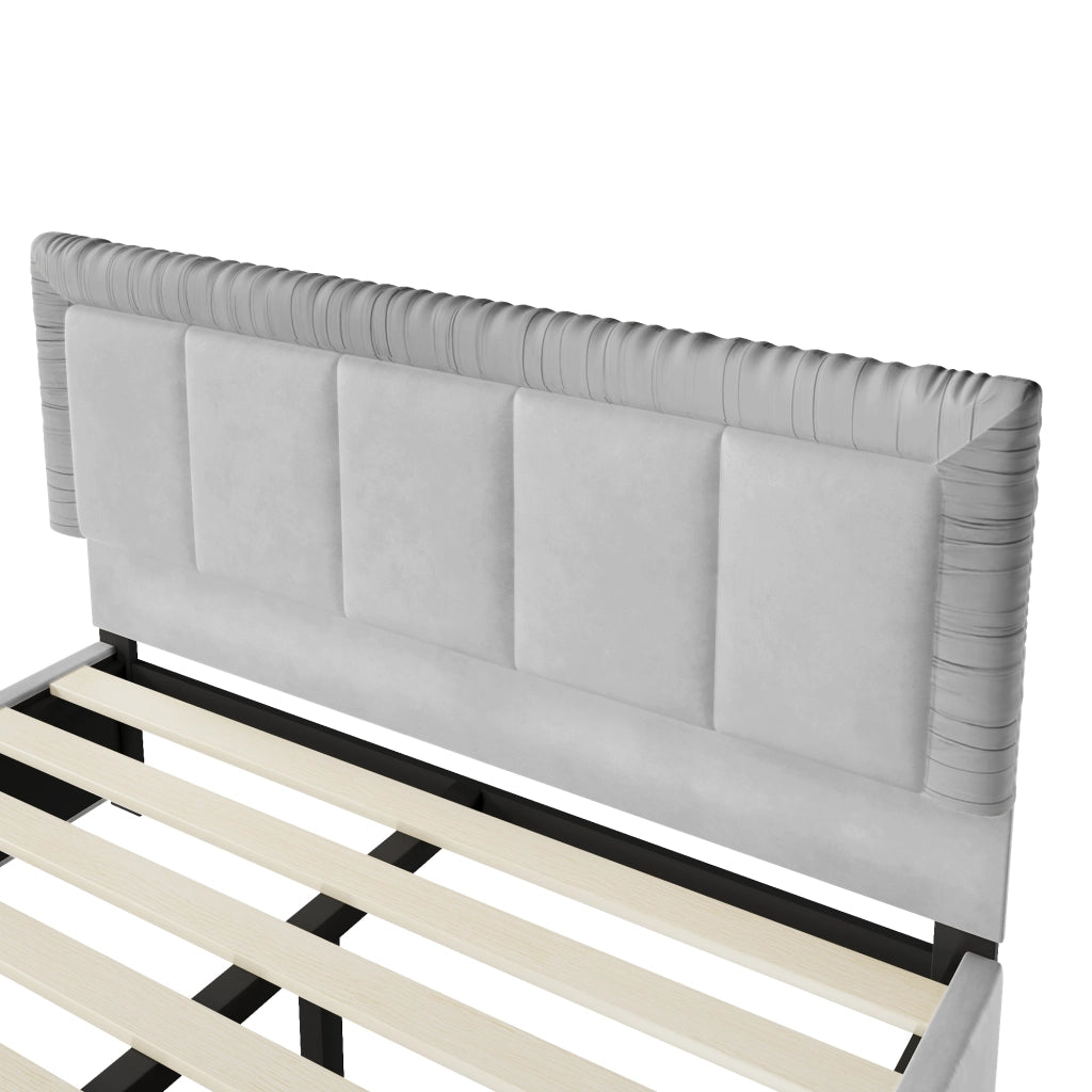 Letto imbottito 140x200 cm in velluto grigio con 2 cassetti e testiera imbottita