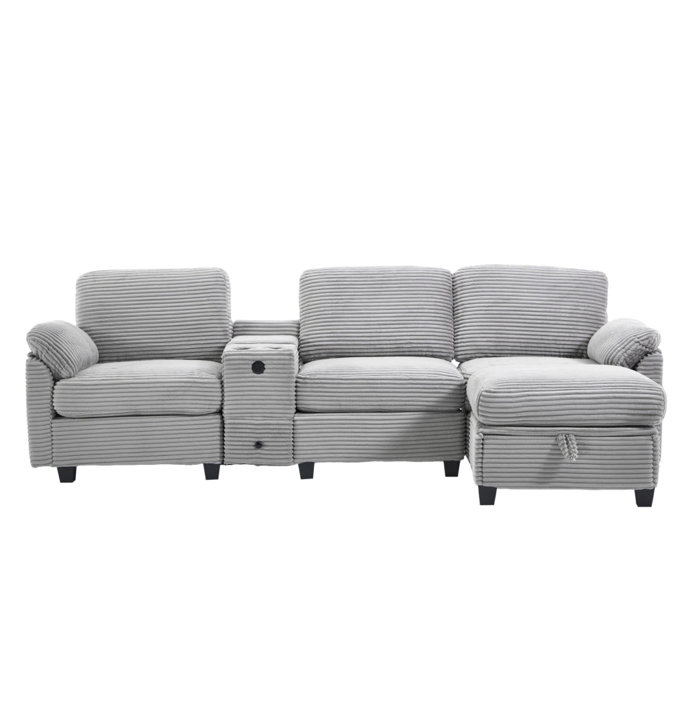 Divano modulare in corduroy grigio chiaro con memory foam; USB-C e pouf contenitore 266 cm