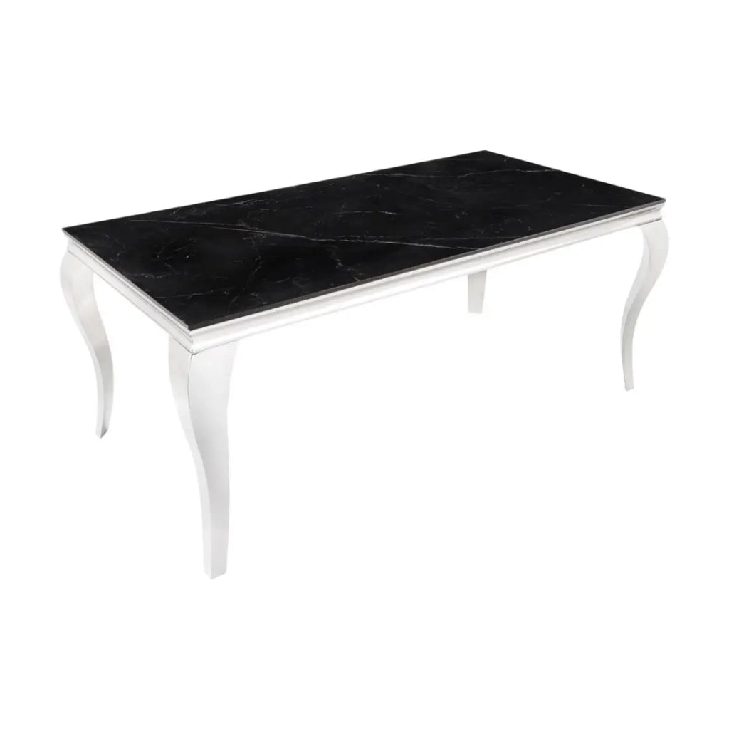 Table VELENA – Rettangolare 180 cm – Piano in pietra sinterizzata e acciaio cromato – Stile barocco