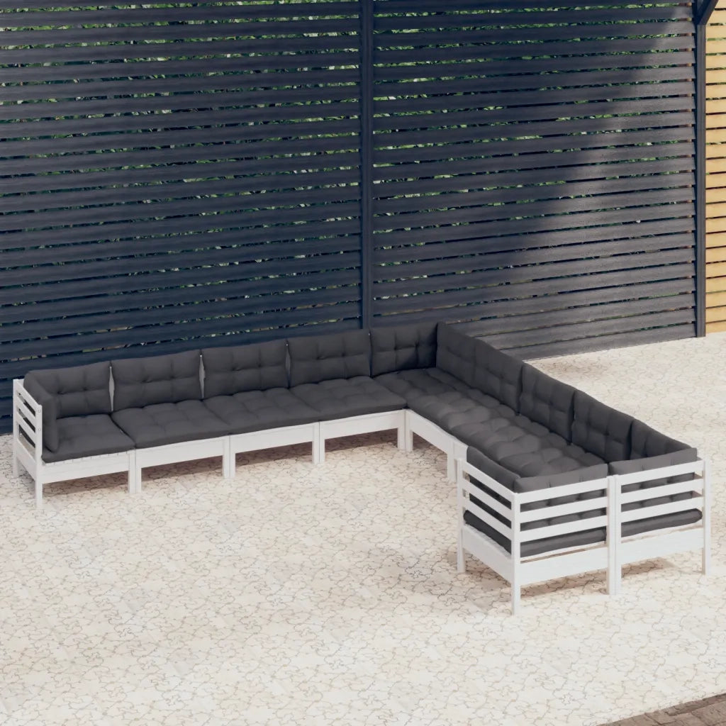 Set Divani da Giardino 10 pz con Cuscini Bianchi Legno di Pino 3097008