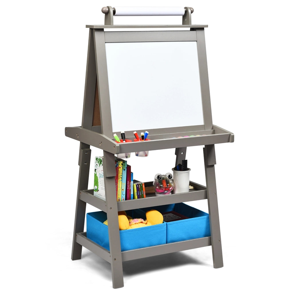 Cavalletto double face 3 in 1per bambini, Treppiede con lavagna bianca e nera e rotolo di carta Grigio-Cavalletti e lavagne bambini