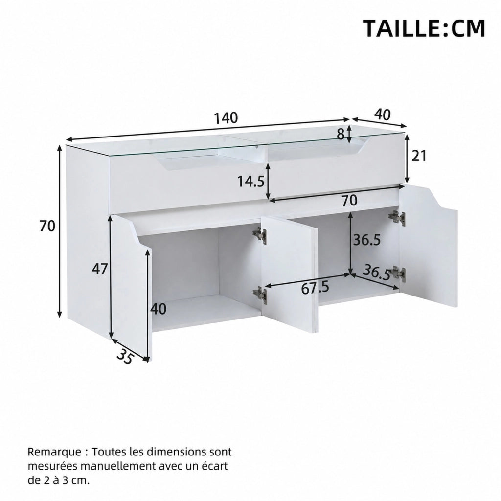 Credenza e madia con piano in vetro temperato, 2 cassetti e 2 ante, per sala da pranzo e soggiorno, bianco, 140 × 40 × 70 cm