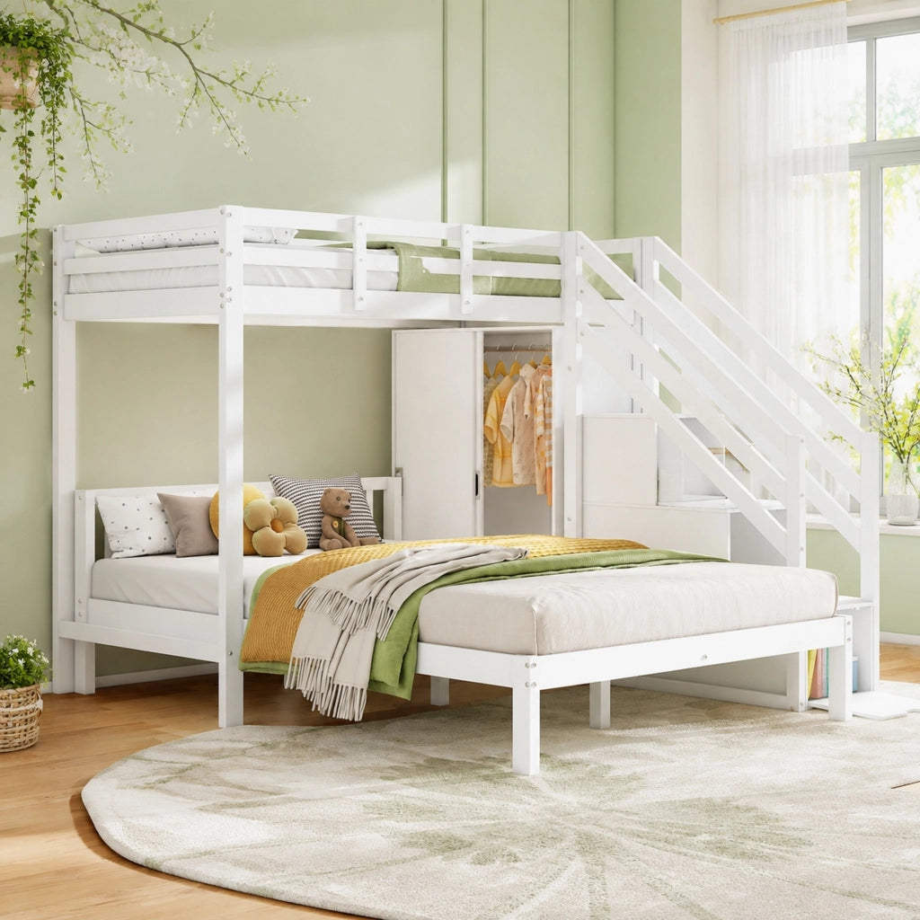 Letto a castello con armadio e scala contenitore 90x200 cm + 140x200 cm; bianco