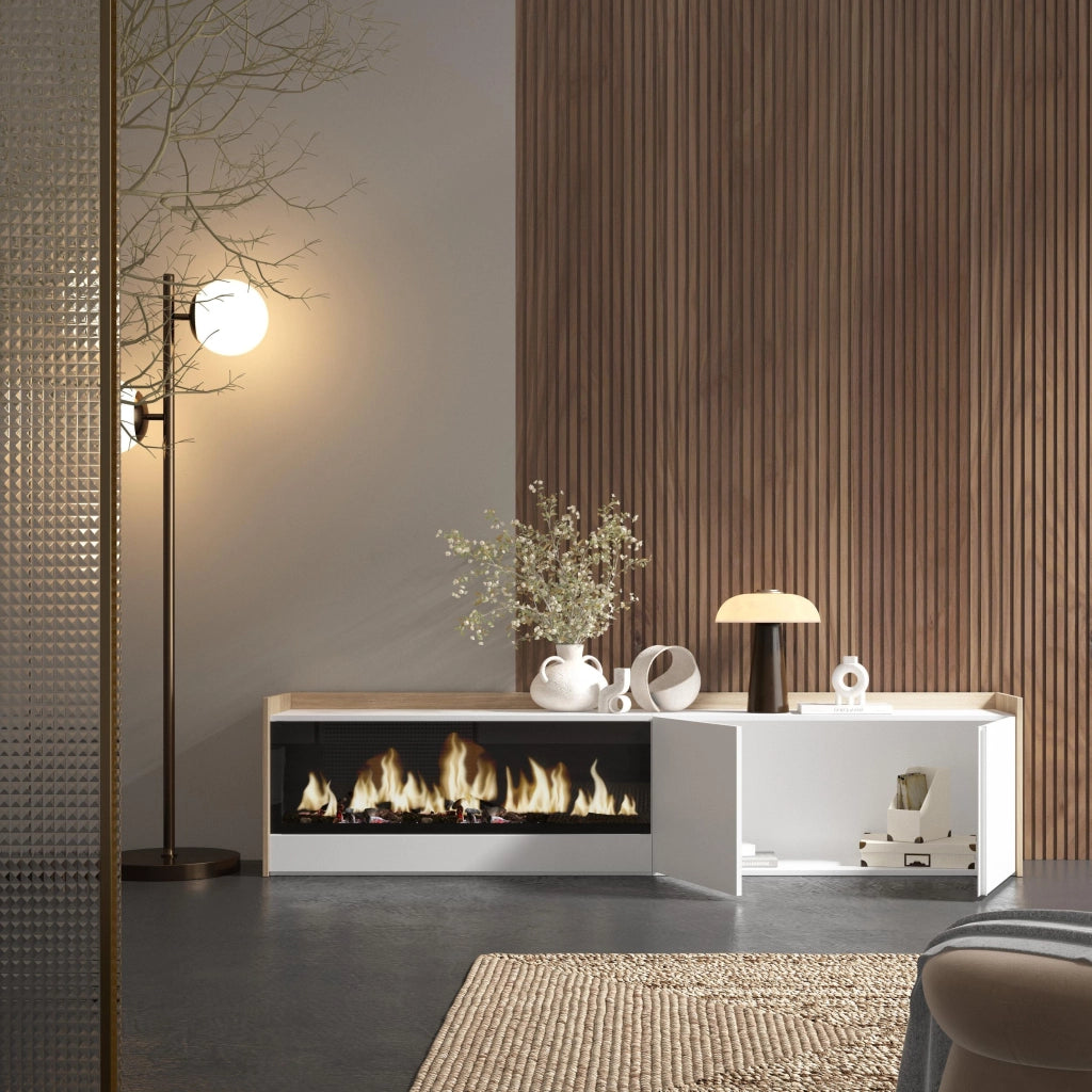 Mobile TV Soggiorno, 212x50x35 cm, Per TV fino a 80", Camino elettrico XXL, Bianco e Rovere soft