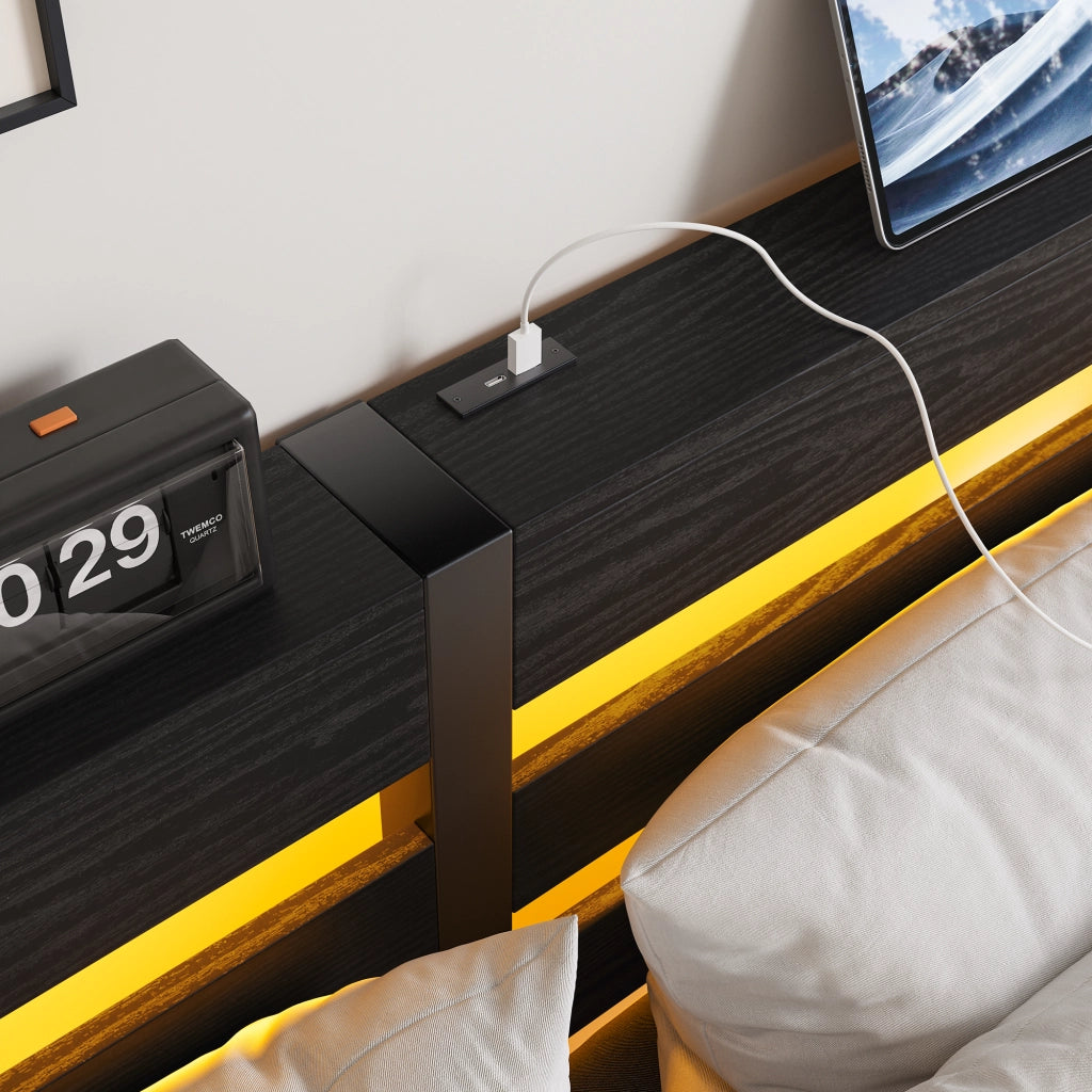 Letto per adulti 140 × 200 cm con LED RGB, 2 porte USB, contenitore sotto il letto, senza materasso, nero