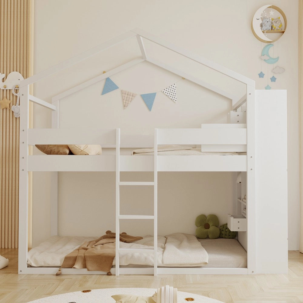 Letto a Castello Singolo con Contenitore ¨C MINIMAL ¨C Pino Bianco, Rete a Doghe, 90x200