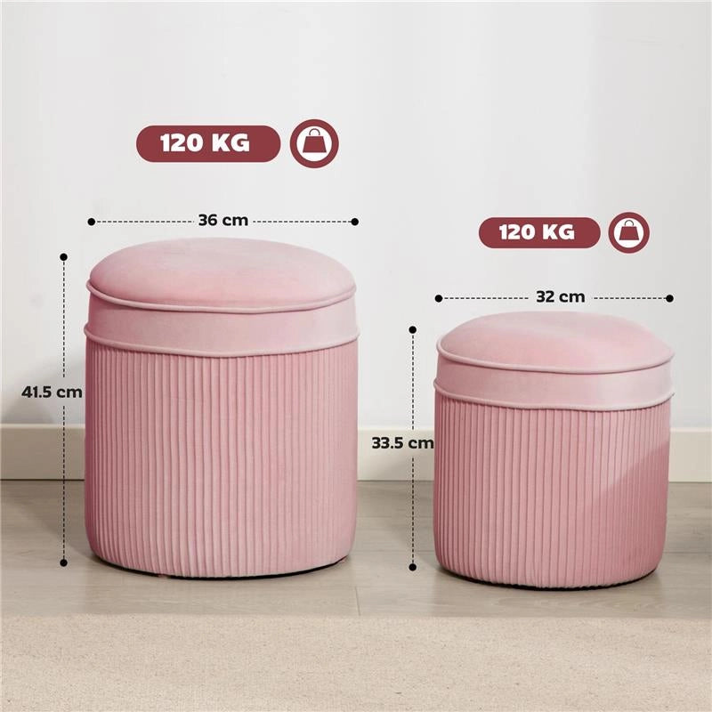 SET 2 POUF POGGIAPIEDI ROTONDI IMPILABILI E IMBOTTITI CON RIVESTIMENTO IN VELLUTO, CONTENITORE DA 34.8L, ROSA