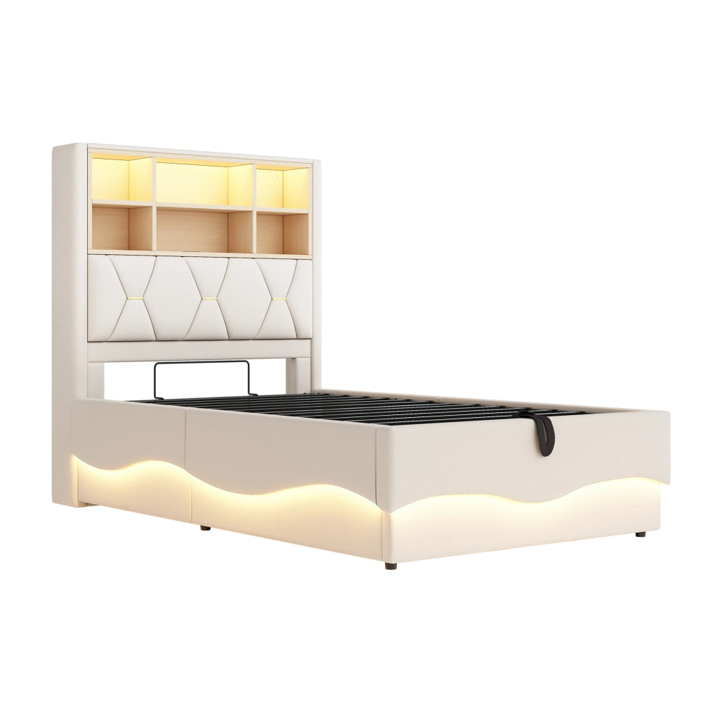 Letto contenitore singolo 90×200 cm con LED; USB e rete sollevabile; senza materasso; ferro; beige