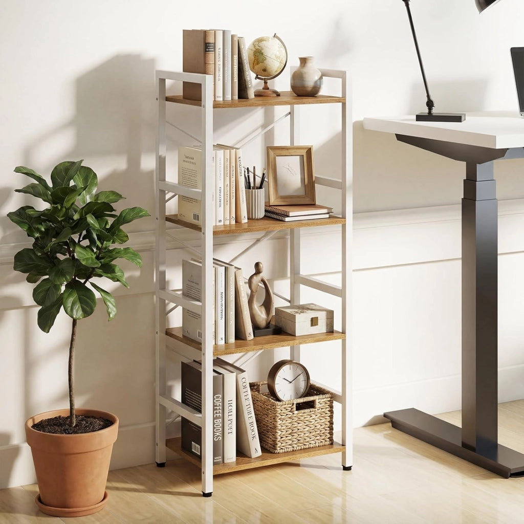Libreria a 4 Ripiani, Scaffale Portaoggetti con Struttura in Metallo, con Ripiani Aperti e Design Anti-caduta, per Soggiorno Ufficio Casa, 41,5x27,5x100 cm (Naturale)
