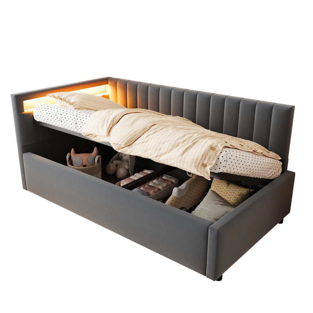 OKWISH Letto Divano 90×200 cm, Letto Singolo con LED, Contenitore Idraulico e Testiera Reversibile, senza Materasso, Grigio