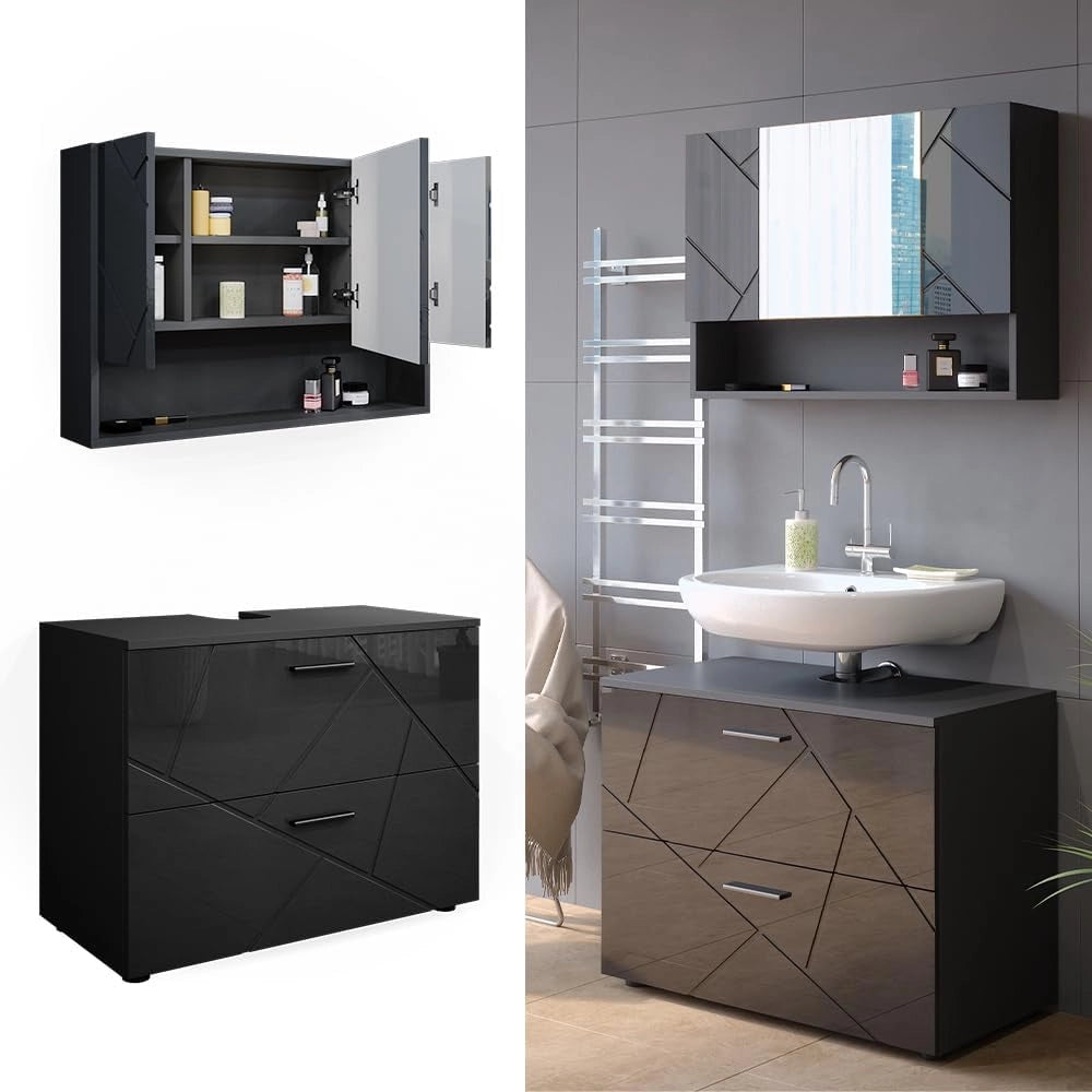 Set mobili bagno Irma, Antracite lucido, 80 cm, composto da specchio da bagno e mobile sottolavabo