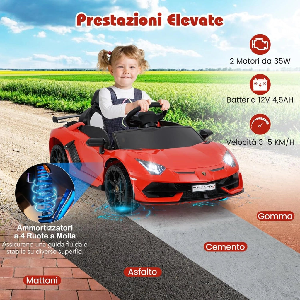 12V Lamborghini Macchina Elettrica per Bambini, Veicolo Elettrico con Telecomando Sospensione a Molla Luci LED MP3, 3-5 km/h, per Bambini 3 Anni+ (Rosso)
