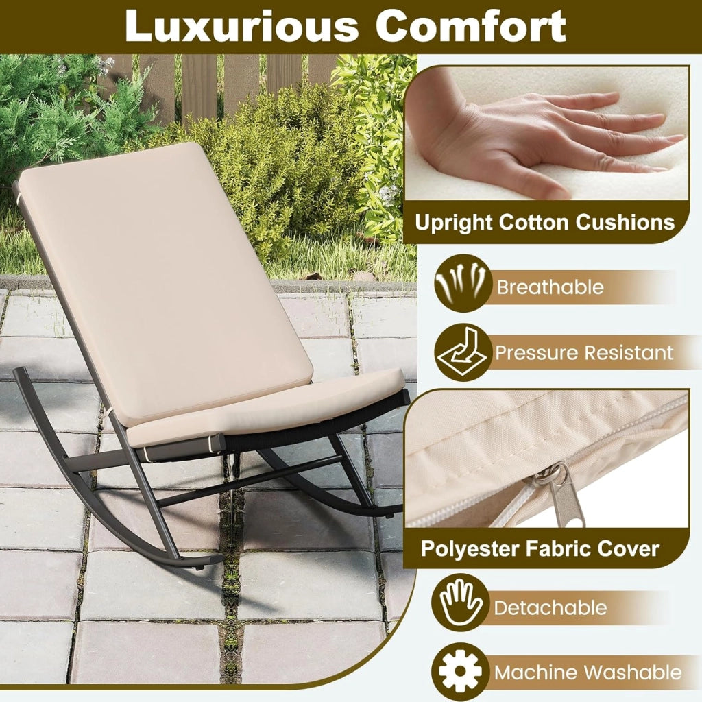 Set di Bistro 3 Pezzi, Sedie a Dondolo da Esterno in Rattan con Tavolino da Caffè, Set di Mobili da Conversazione per Veranda con Cuscini in Cotone per Giardino, Balcone, Bordo Piscina