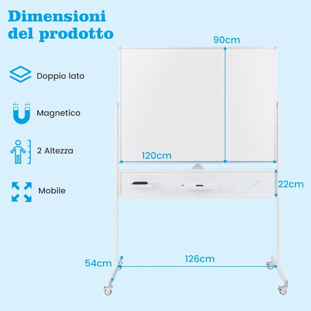 Lavagna Bianca Mobile 120 x 90 cm, Lavagna Magnetica Cancellabile a Secco con Pannello Forato, Cavalletto e Ruote,Doppia Faccia Altezza Regolabile, Accessori Completi (Bianco)