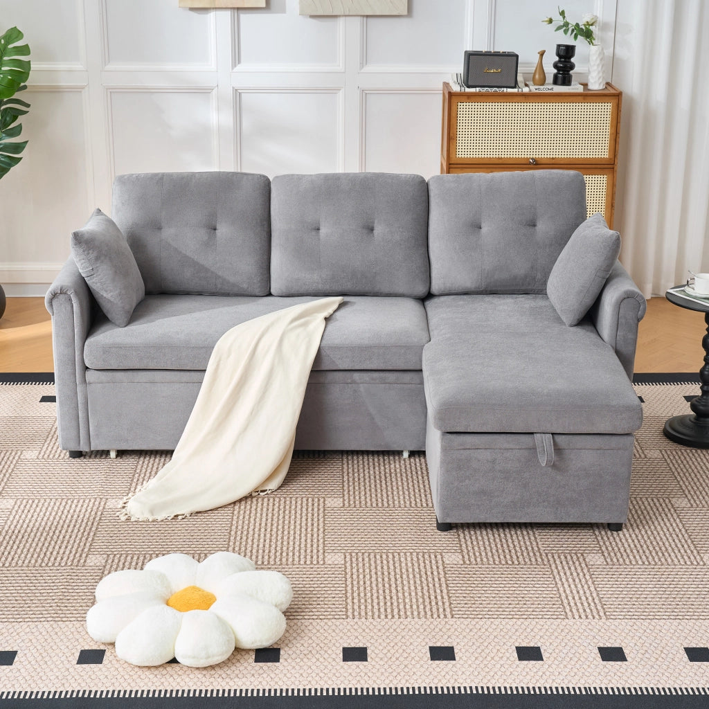 Divano angolare letto con vano contenitore in chenille grigio con chaise longue reversibile 85 × 206 × 130 cm
