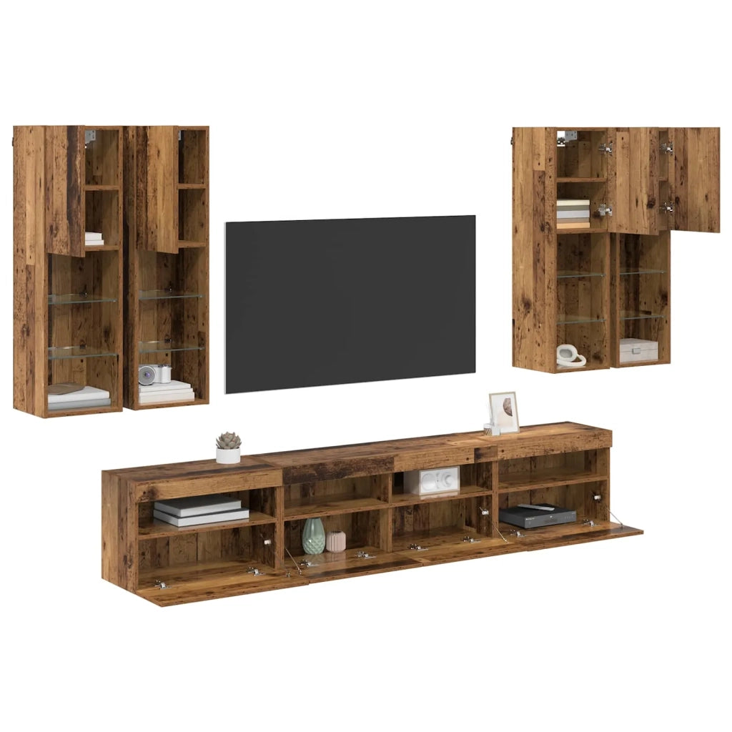 Set Mobile TV a Muro con Luci LED con led 7 pcs Legno vecchio
