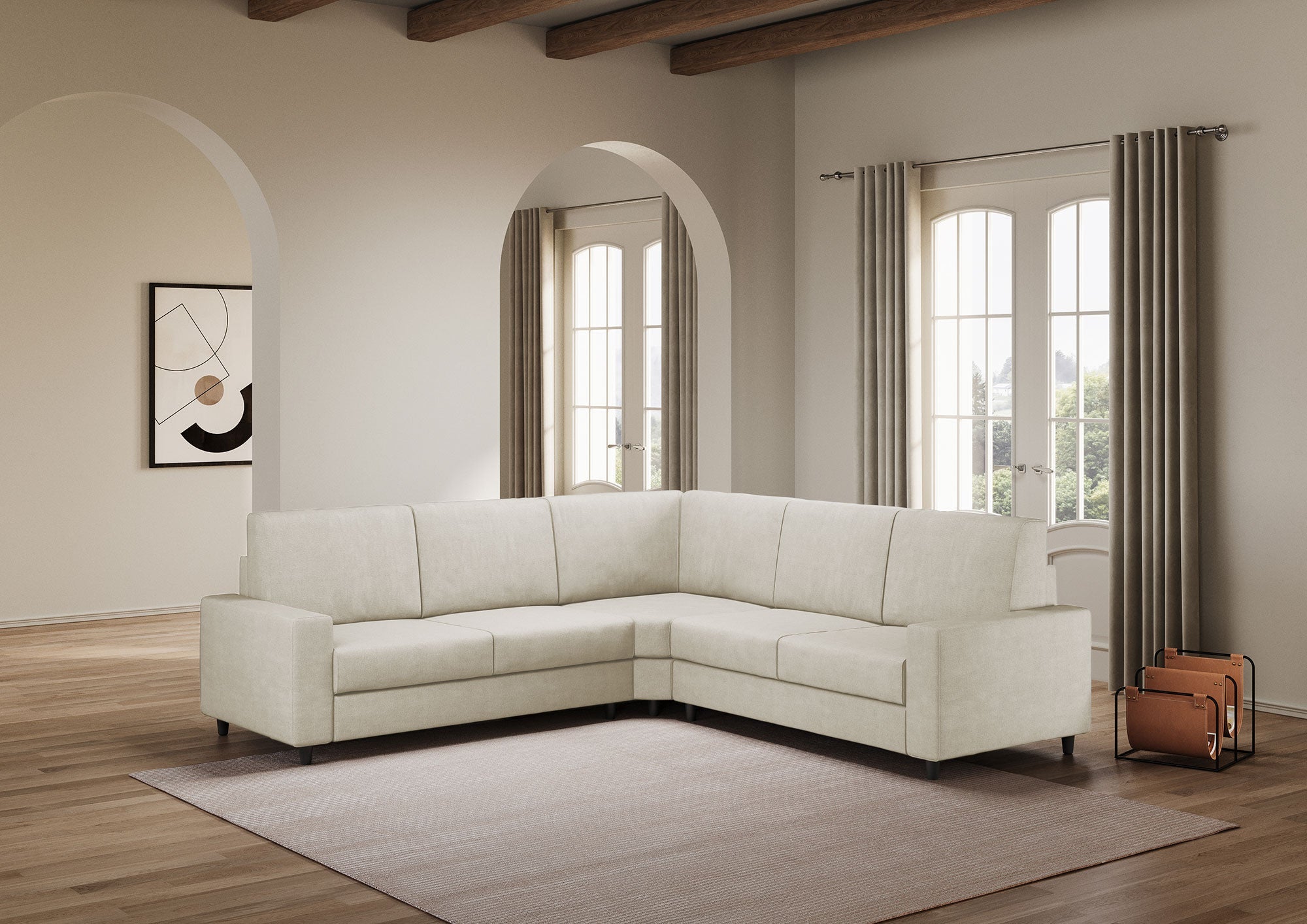 Divano Angolare 5 Posti 246x246x85 cm Sakar in Tessuto Latte