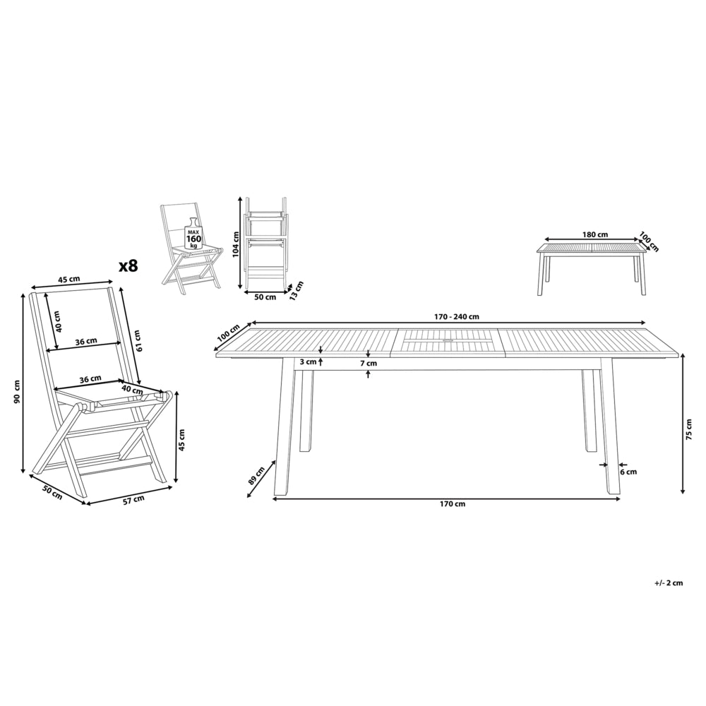Set da pranzo da giardino Tavolo in marrone chiaro di acacia 8 sedie 9 pezzi