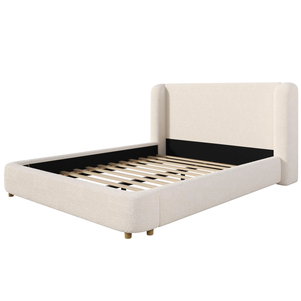 Letto Matrimoniale 180 x 200 cm; Testiera Imbottita e Struttura in Metallo; Beige Bouclé