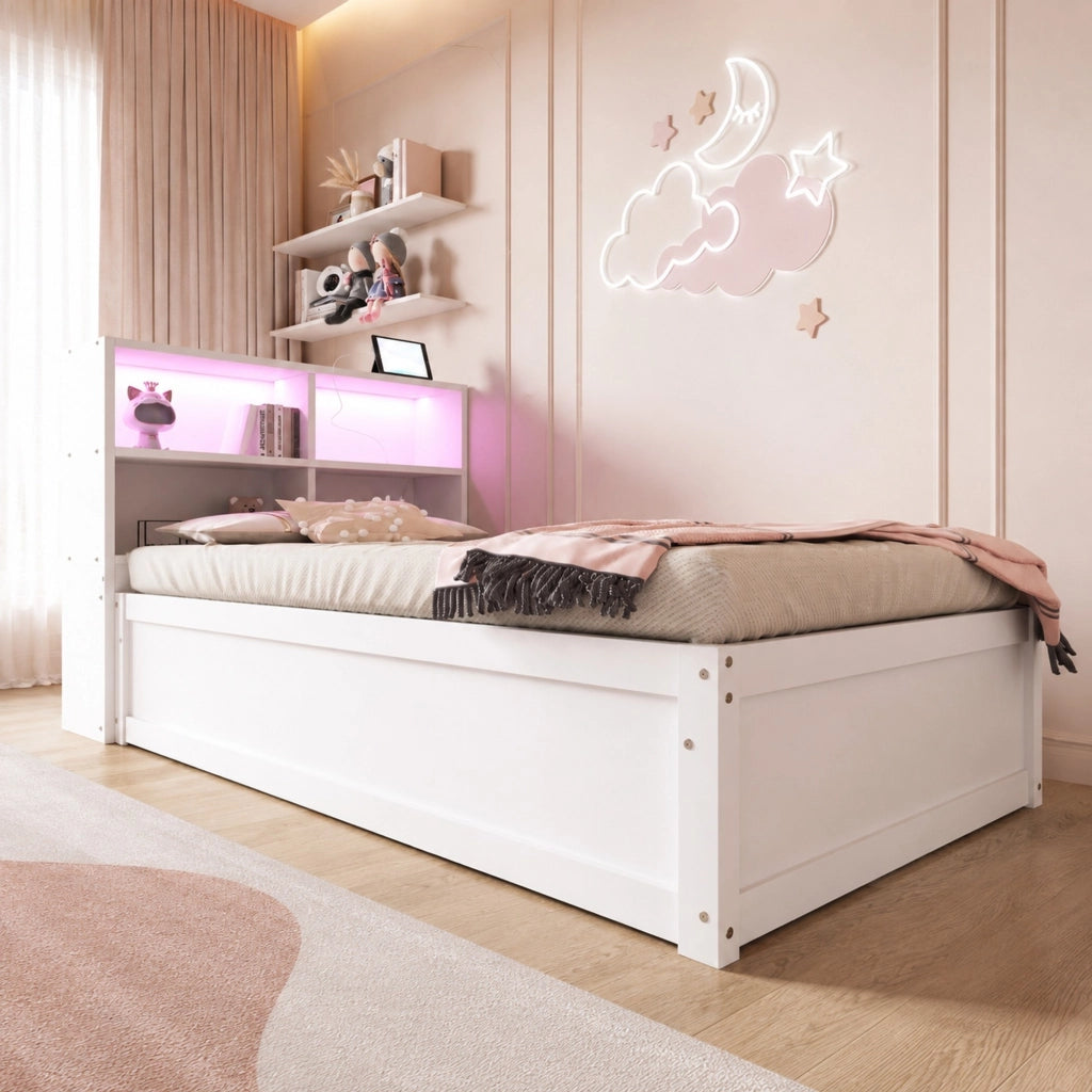 Letto multifunzione 90x200 cm con presa integrata; LED e 4 vani contenitore; bianco