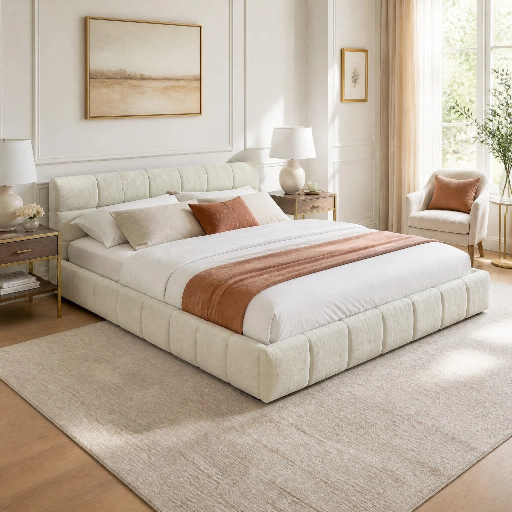 Letto matrimoniale 140x200 cm imbottito in chenille beige con struttura in legno di eucalipto e ferro