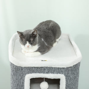 Torre per Gatti con 3 Casette Palline e Posatoio 41x41x100 cm in Legno Tessuto e Peluche Grigio e Bianco