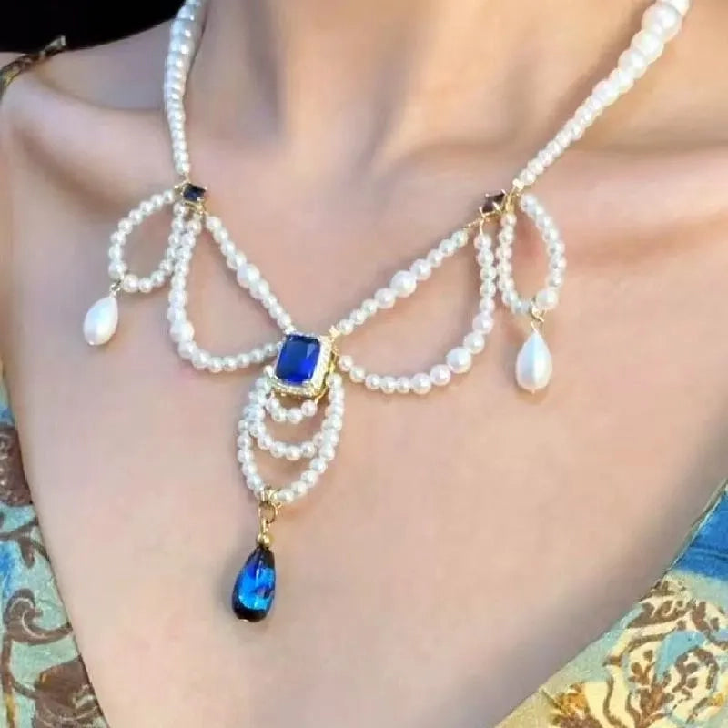 Collana vintage a pi¨´ strati con perle e gocce blu, regalo di Natale o compleanno.