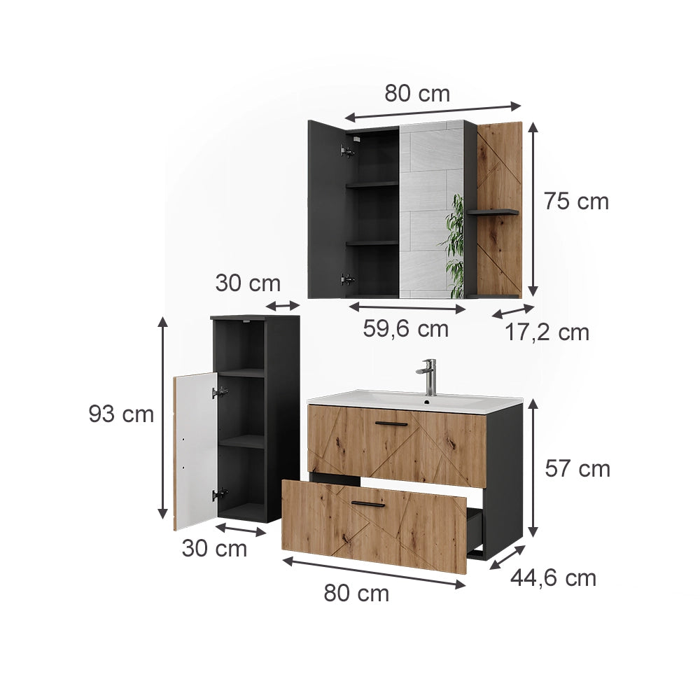 Vicco Set di mobili da bagno Antracite/Artisan 4 parti