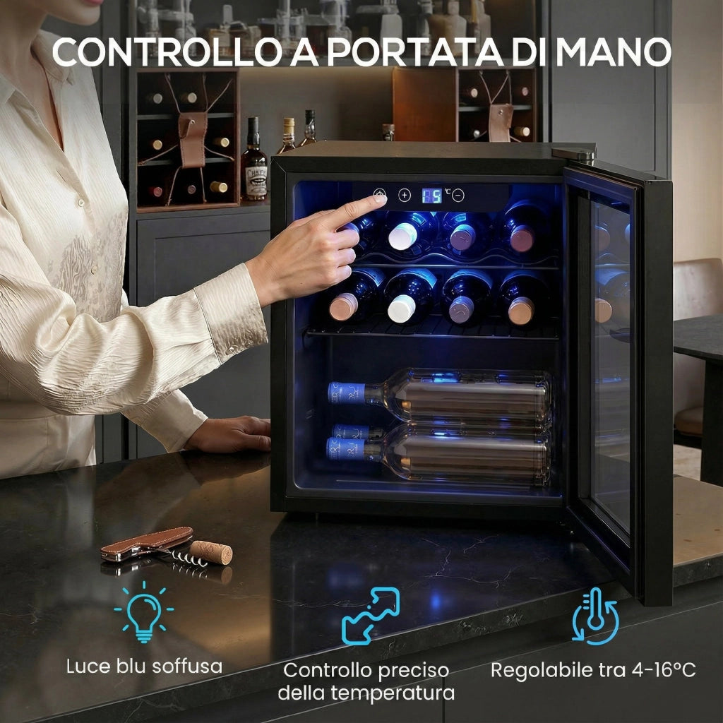 Cantinetta Vino Refrigerata 12 Bottiglie 36L Temperatura Regolabile 4-16°C con Vetro Anti UV Nero