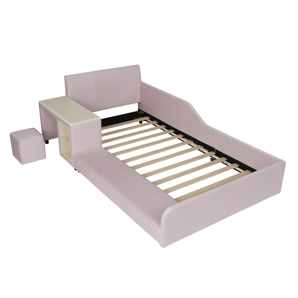 Letto per Bambini 90x200 cm - Scrivania; Sgabello e Ripiano - in Velluto - Rosa