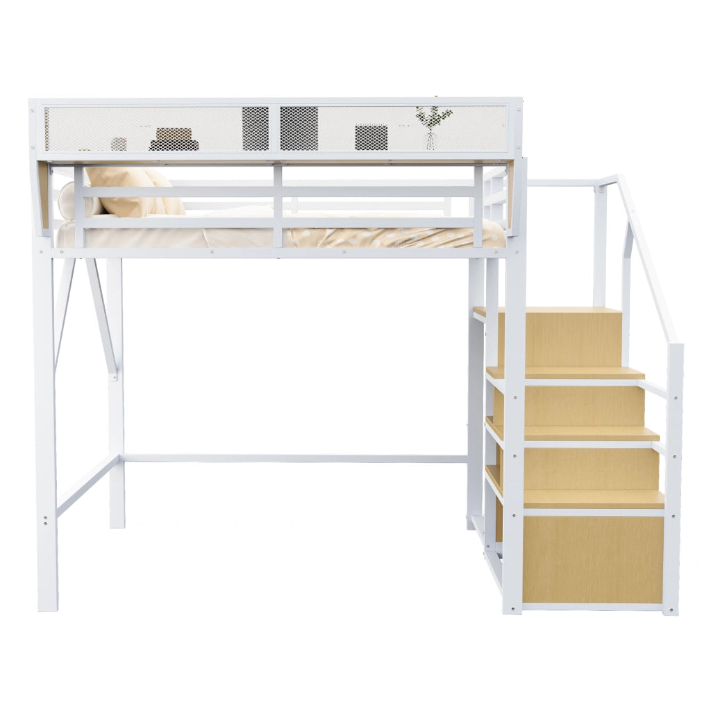 Hochbett in metallo 140x200 cm con scala di sicurezza e ripiano flessibile, bianco