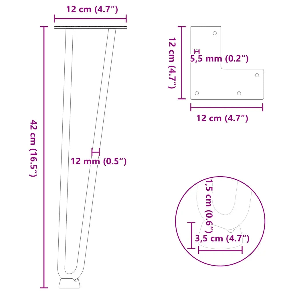 Gambe a forcina per tavolino da caff¨¨ 4 pz | Piede del tavolo nere 42 cm in acciaio massiccio