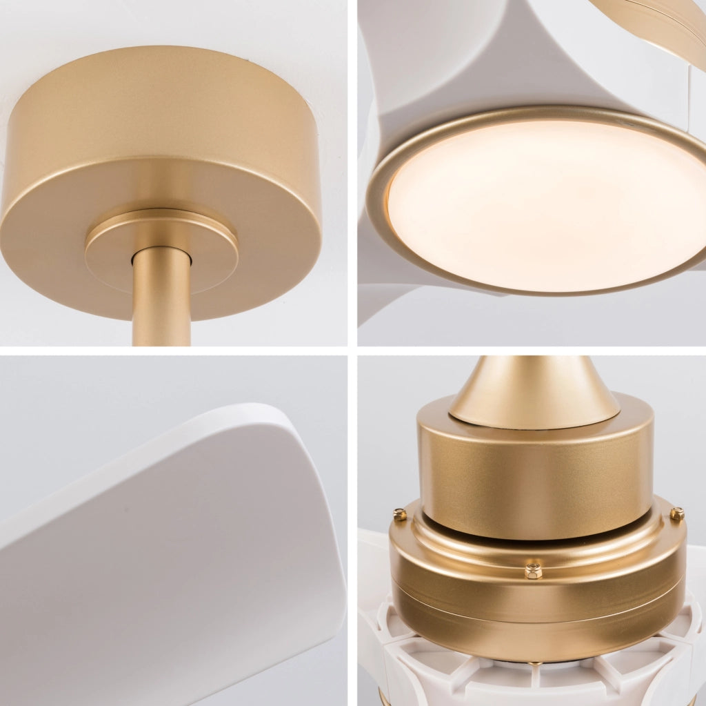 Ventilatore da soffitto con luce 52 pollici bianco e oro; 3 pale in ABS; telecomando e motore DC reversibile