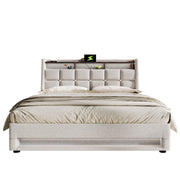 Letto imbottito 140x200 cm con LED; 2 USB e rete a doghe; beige chiaro
