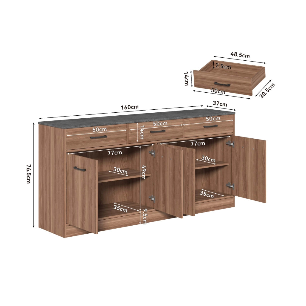 Credenza e madia da cucina con 3 cassetti e ripiani regolabili in MDF finitura noce con piano effetto cemento