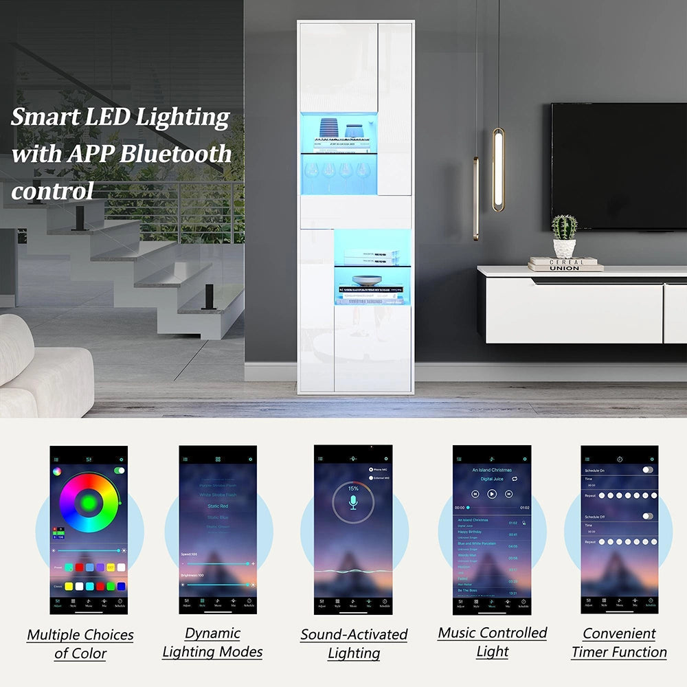 Vetrina esposizione 55x38x170 cm con LED - Xylo - 1 cassetto, 4 ante vetrate, design brillante, bianco