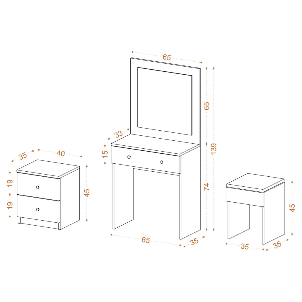Set da toilette in legno "Nice" - 65 x 35 x 139 cm - Bianco